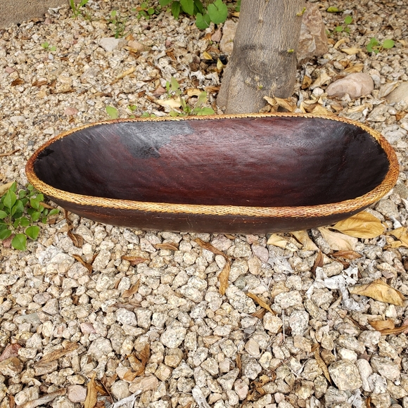 VTG Large Wooden Decorative Oval Bowl Hand Crafted with Rattan Woven Edge - Picture 1 of 11